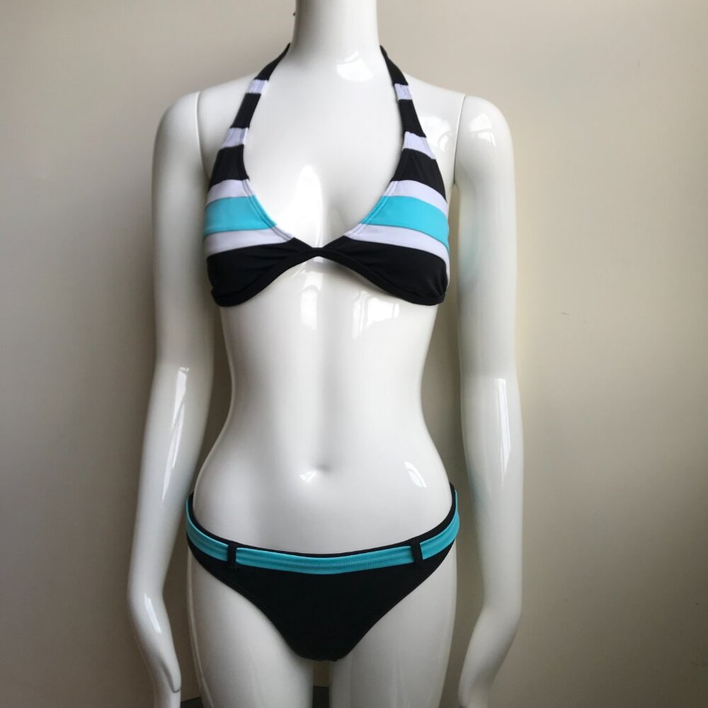 Billabong BLUE CRUSH era Vintage bikini D cup black belted halter top set RARE